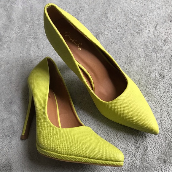 Qupid Shoes - Qupid Neon Lime Green Vegan Snake Reptile Heels